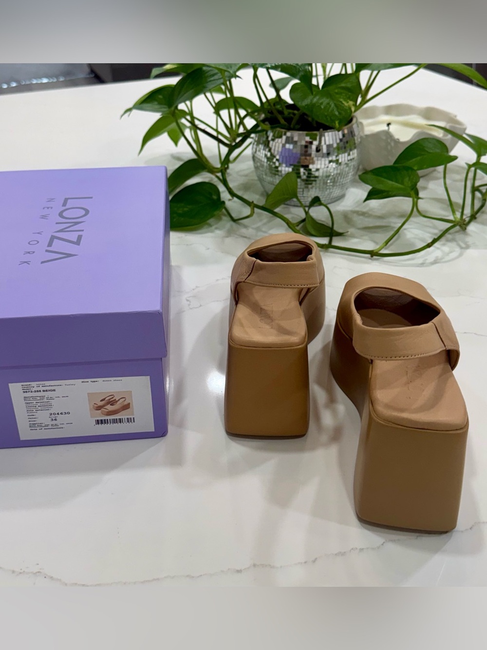 LONZA Ariadna Tan Platform Slingback Peep-Toe Wedges, size 6 - Picture 12 of 15